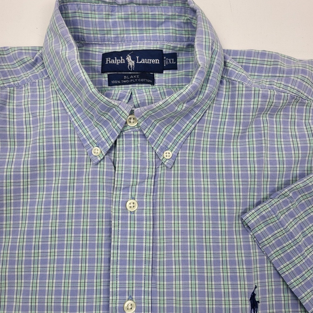 Ralph Lauren Blake Plaid Short Sleeve Button Down Shirt XLarge Blue & Green